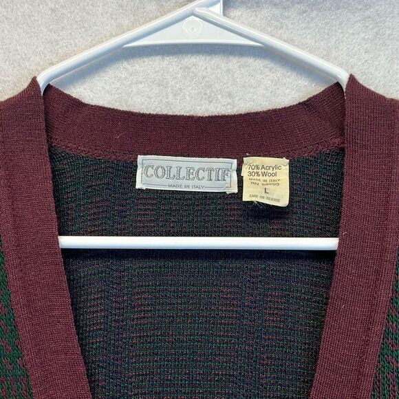 Vtg COLLECTIF Men’s Sweater Vest Wool Blend Button Front Plaid Burgundy Green L - Picture 3 of 11